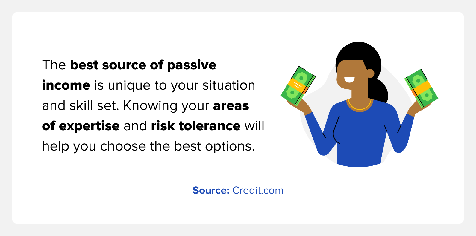 the best source of passive income is unique to your situation and skill set. knowing your areas of expertise and risk tolerance will help you choose the best options. 