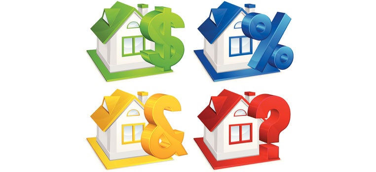 4 illustrated houses--green, blue, yellow, red--with question marks about mortgage points